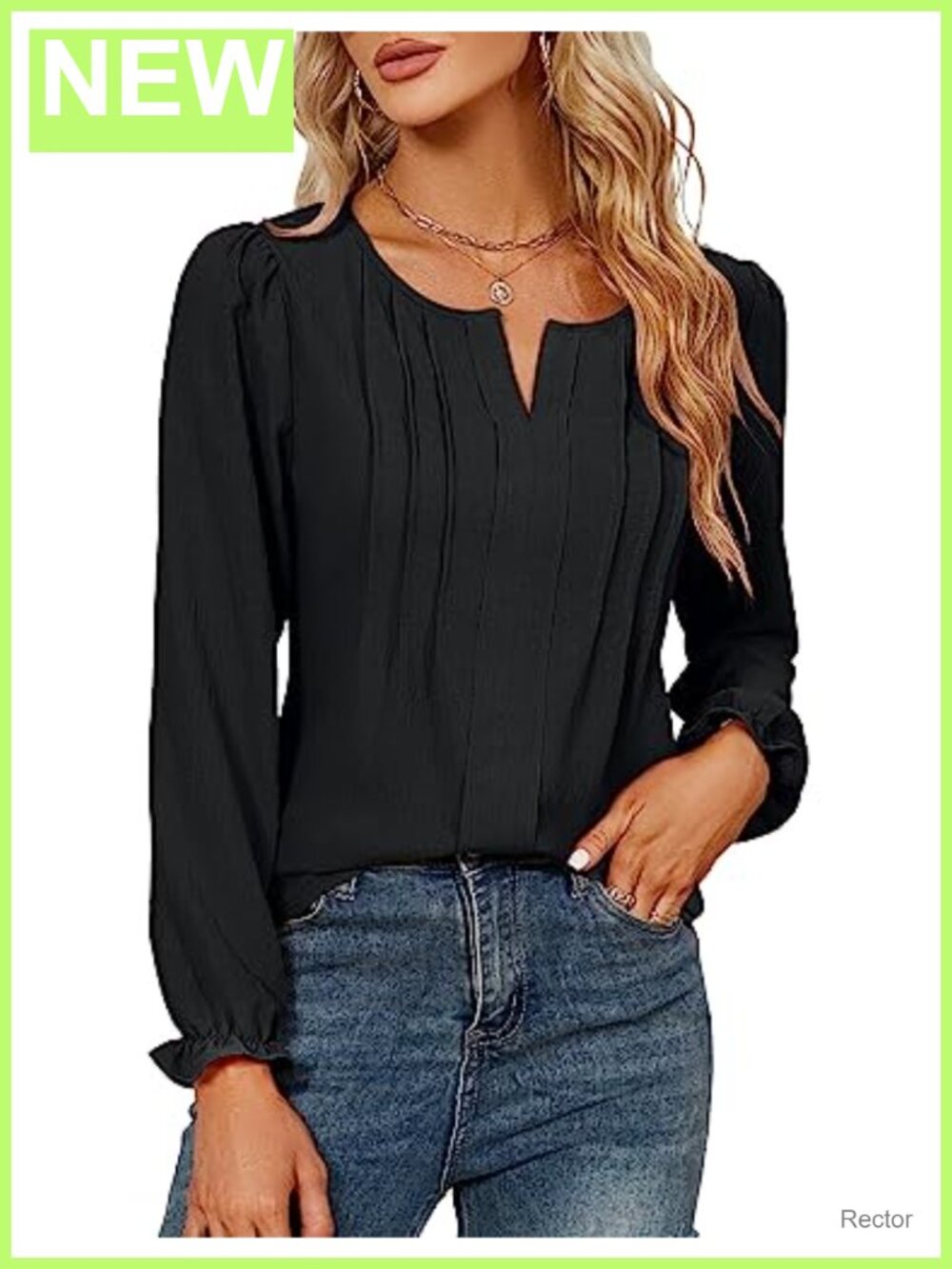 Women's V-Neck Pleated Chiffon Blouse Long Sleeve Ruffle Cuff Work Top
